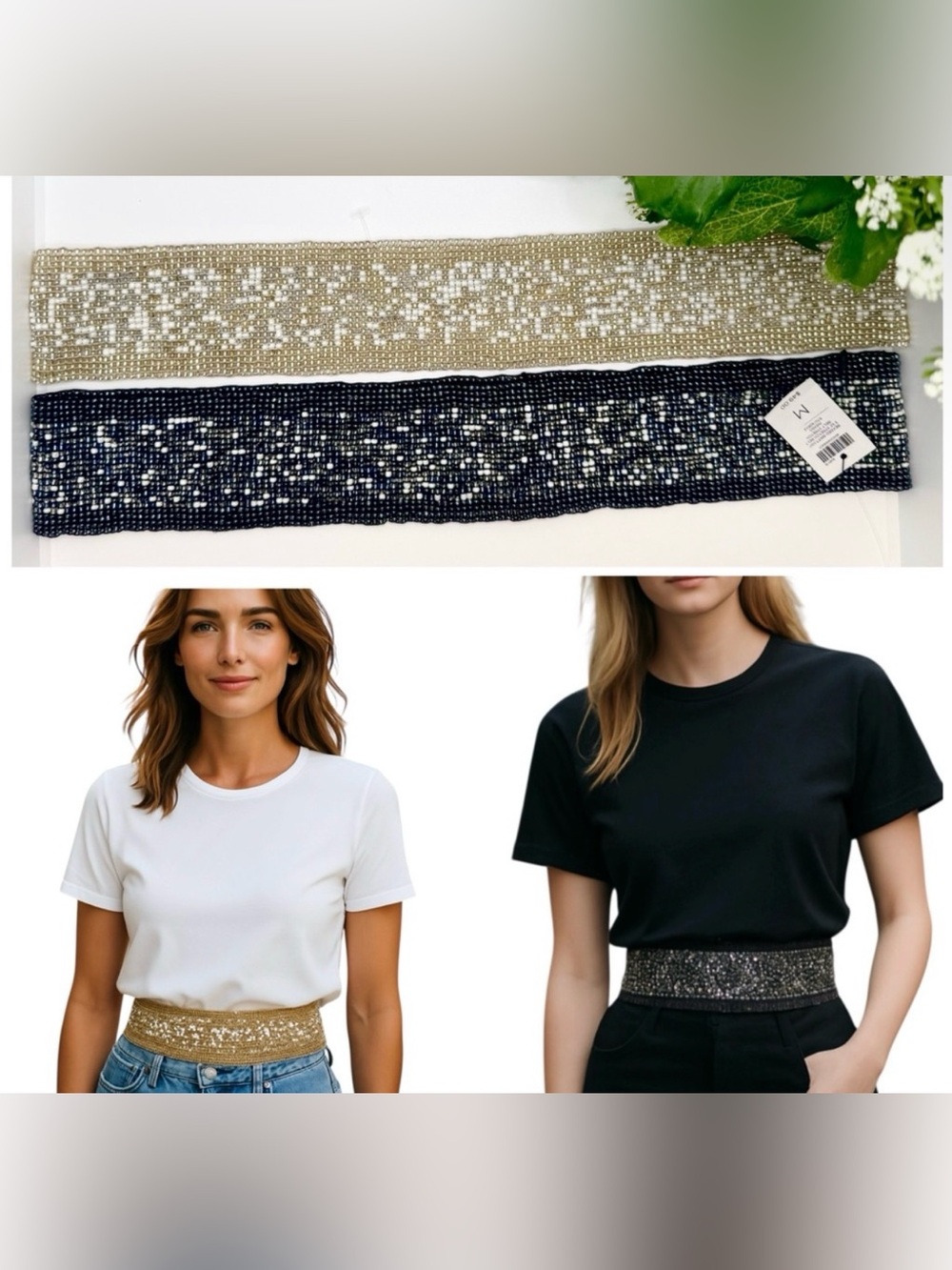 NEW- CHiCO’S Combo Beaded Brittany Stretch Belt Gold Blue